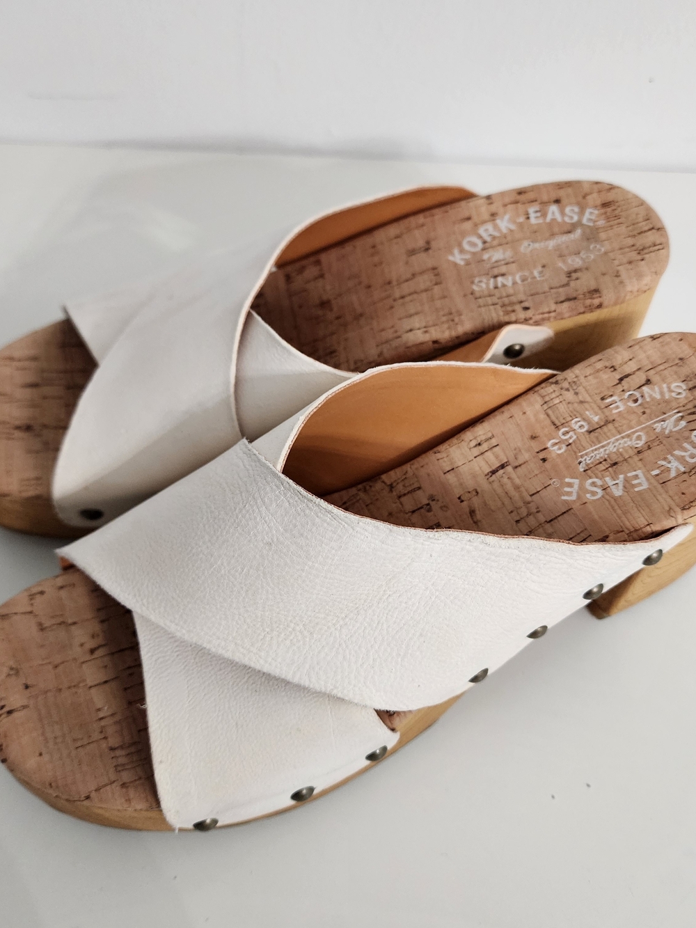 Kork-Ease Women’s Tatum Heeled Slide Leather Sandals Sz 7M Beige Y2K Boho Cream